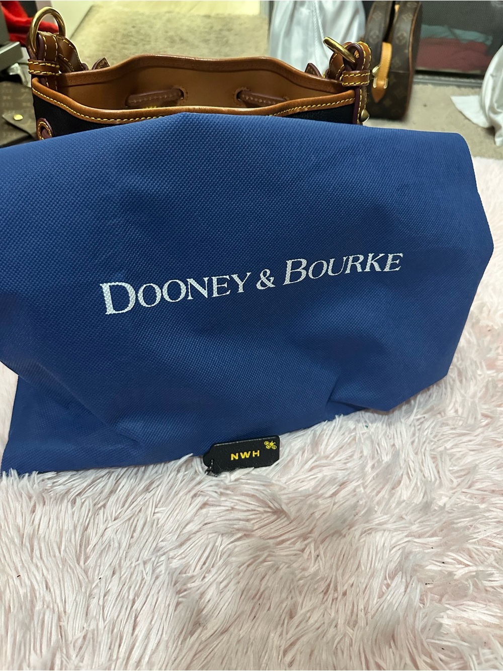 Dooney & Bourke Black Pebbled Leather Bucket Crossbody with Brown Trim - Picture 14 of 16